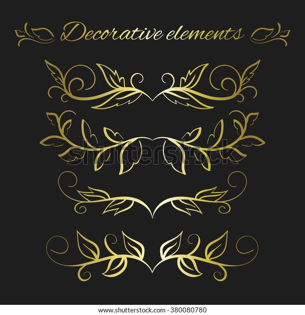 Hand\
drawn golden dividers set. Ornamental decorative elements. Vector\
ornate elements design. Flourish divider with\
gold.