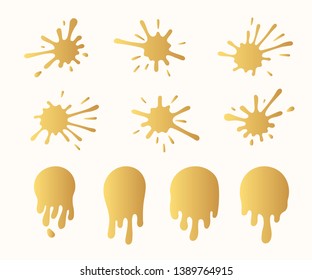Hand drawn golden dripping paint splatter set. Gold drip stamp. Liquid melt drops. Vector isolated illustration.