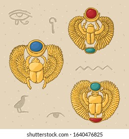 Hand drawn golden egyptian scarabs with hieroglyphs