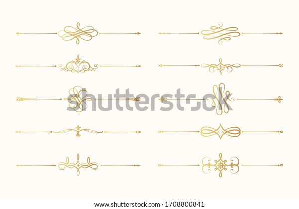 Hand drawn golden elegant dividers.\
Gold ornate swirl borders.  Vector isolated motif decor separators.\
Classic wedding invitation calligraphic\
lines.