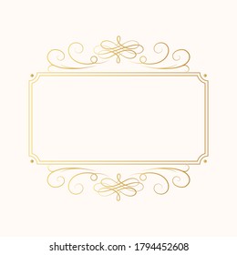 Hand drawn golden elegant rectangular swirl border in royal style. Vector isolated luxury wedding invitation card template. Certificate frame with gold filigree decor elements. 