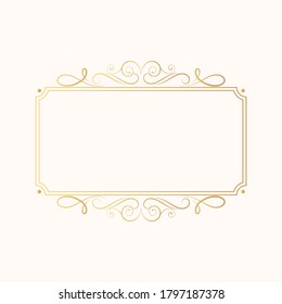 Hand drawn golden elegant rectangular swirl border in antique style. Vector isolated luxury wedding invitation card template. Certificate frame with gold filigree decor elements. 