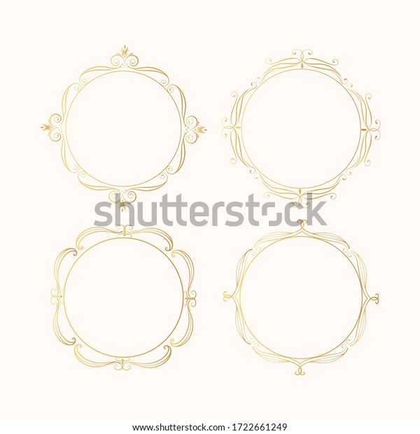 Hand drawn golden elegant round vintage frames\
set. Gold royal antique borders.  Vector isolated classic wedding\
invitation card\
templates.