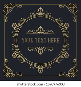 Hand drawn golden elegant squared frame with ornate gold borders and corners.  Vector isolated Victorian pattern. Classic wedding invitation template.