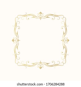 Hand drawn golden elegant squared frame. Gold royal border.  Vector isolated vignette monogram. Classic wedding invitation template.