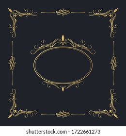 Marco cuadrado elegante y dorado dibujado a mano con bordes y esquinas dorados.  Vector aislado de estilo victoriano. Plantilla clásica de invitación de boda.