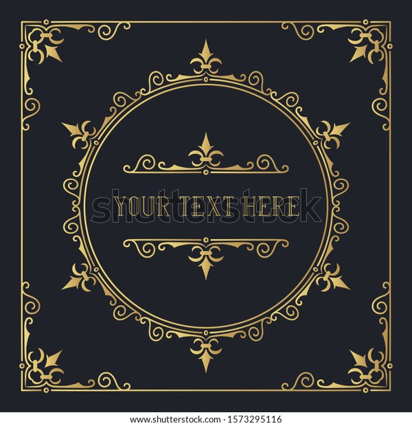 Hand drawn golden elegant squared frame with\
ornate borders and corners. Gold classic wedding invitation\
template. Vector isolated Victorian\
pattern.