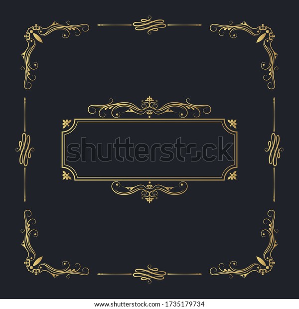 Hand drawn golden elegant squared\
frame with ornate borders and vintage corners.  Vector isolated\
gold Victorian pattern. Classic wedding invitation\
template.