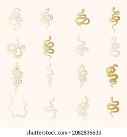 Hand drawn golden esoteric snakes set. Mystical witchy elements. Gold spiritual vector illustration for for design of t-shirts, fabrics, tattoo, cards and covers.