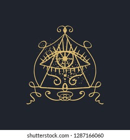 Hand drawn golden Eye of Providence stylized symbol on dark background. Triangle pyramid. Boho alchemy symbol tattoo or sticker. Isolated editable EPS