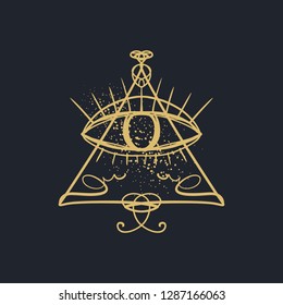 Hand drawn golden Eye of Providence stylized symbol on dark background. Triangle pyramid. Boho alchemy symbol tattoo or sticker. Isolated editable EPS
