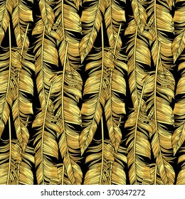 Hand drawn golden feathers pattern. Gold and black. Modern seamless background