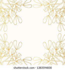 Hand drawn golden festive mistletoe frame. Christmas holiday gold floral background for greeting and invitation cards. Vector isolated xmas design elements.