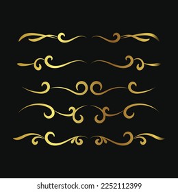 Hand drawn golden filigree dividers. Ornate swirl borders. Vector isolated gold fancy separators. Classic wedding invitation calligraphic lines.