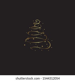 Hand drawn golden fir-tree isolated on black background, icon vector illustration
	
