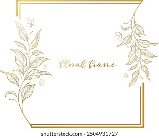 Hand drawn golden floral background, frame with branches, plants, herbs and decor. Natural elements. elegant background, invitation, template, greeting.