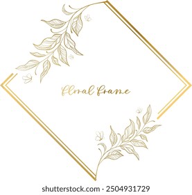 Hand drawn golden floral background, frame with branches, plants, herbs and decor. Natural elements. elegant background, invitation, template, greeting.