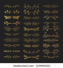 Hand drawn golden floral branches dividers. Vector isolated elements. Wedding gold borders for invitation card.