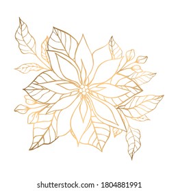 Hand drawn golden floral illustration with bouquet of poinsettia