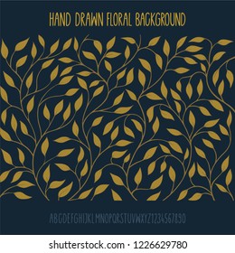 Hand drawn golden floral pattern on darck background with handwritten alphabet.
Floral pattern sketch drawing. Luxury and elegant invitation design template.