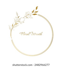 Hand Drawn Golden Flower Wreath. Floral Vector Design Element for Birthday, New Year, Christmas Card, Wedding Invitation.