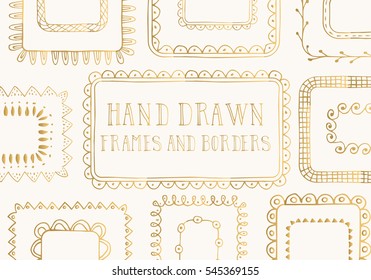 Hand drawn golden frames and borders. Vector illustration.