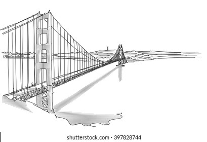 Hand Drawn Golden Gate Bridge In Two Tone Grays, Vector Sketch 