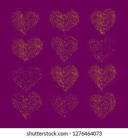 Hand drawn golden glitter hearts. Valentine's Day or wedding vector set. 