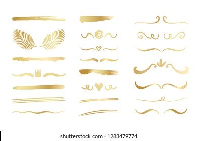 Hand drawn golden gradient borders, brackets, swirls, dividers set. Vector ink brush elements.