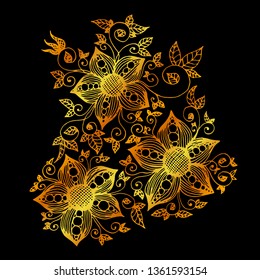Hand drawn golden gradient colored fantasy flowers with tracery and leaves on black background