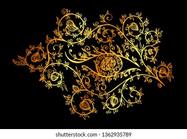 Hand drawn golden gradient colored eye with tracery, flowers and leaves on black background