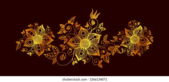Hand drawn golden gradient colored fantasy flowers with tracery and leaves on black background