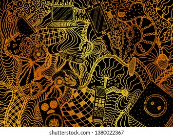 Hand drawn golden gradient colored electrical devices and gadgets with pattern in doodle style on black background. Backdrop vector illustration