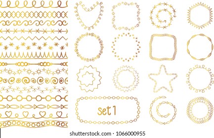 Hand drawn golden gradient decorative brushes set. Dividers or borders, ornaments collection. Vector illustration.