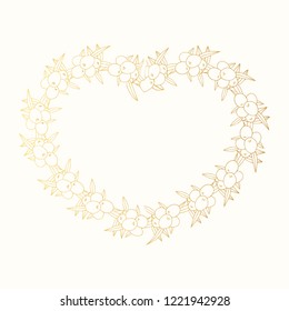 Hand drawn golden heart shape olive wreath. Gold invitation frame. Vector isolated illustration.