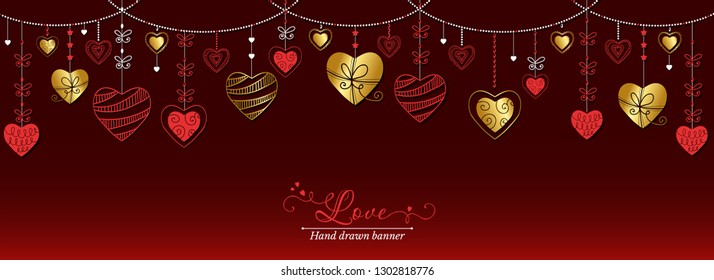 Hand drawn golden hearts garlands banner. Valentines design background