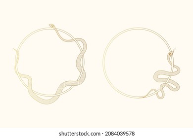 Hand drawn golden isolated set of two round frames with wrapping snakes. Vector illustration with mystical oval borders.