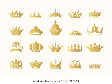 Hand drawn golden kings and queens crowns collection. Gold vintage royal heraldic silhouettes.