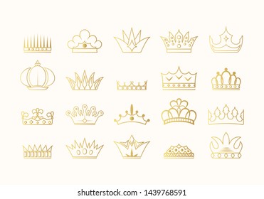 Hand drawn golden kings and queens crowns collection. Vintage royal heraldic outlines. Gold imperial icons.