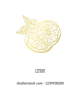 Hand drawn golden lemon, design element. Can be used for cards, invitations, scrapbooking, print, fabric, manufacturing, food themes. Food theme. Golden fruits