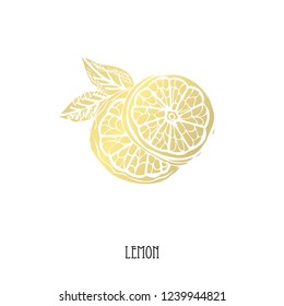Hand drawn golden lemon, design element. Can be used for cards, invitations, scrapbooking, print, fabric, manufacturing, food themes. Food theme. Golden fruits