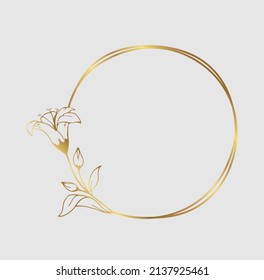 Hand drawn golden lily flower round wreath in cute doodle style. Luxury elegant vector illustration for postcard, wedding invitations, birthday, quotes, thank you card, cosmetics. Copy space for text.