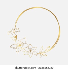 Hand drawn golden lily flower round wreath in cute doodle style. Luxury elegant vector illustration for postcard, wedding invitations, birthday, quotes, thank you card, cosmetics. Copy space for text.