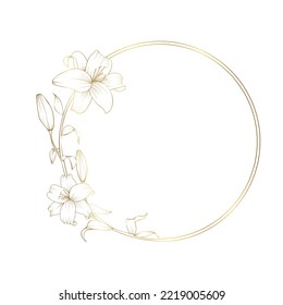 Hand drawn golden lily flower double round wreath in cute doodle style. Luxury elegant vector illustration for wedding invitations, birthday, quotes, thank you card, cosmetics. Copy space for text.