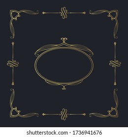 Hand drawn golden luxury frame. Filigree decor border. Gold royal wedding template.  Vector isolated vintage invitation. 