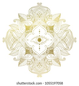 Hand drawn golden mandala with eye inside flower, and leaves in boho style. Isolated decorative ethnic asian element for a mehndi tattoo, stickers, yoga or clothes design. Vector art.
