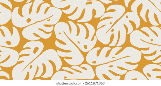 Hand drawn golden monstera leaf seamless pattern. White and gold monstera abstract background. Design for fabric, textiles, wrapping, cover, decor, wallpaper.