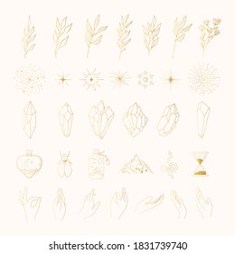 Elementos místicos dorados dibujados a mano. Estrellas, cristales, manos, íconos esotéricos, ramas, starburst. Juego de diseño de boho de oro.