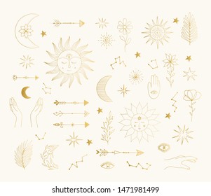 Hand drawn golden mystic symbols. Sun, moon, star tattoo design. Vector gold foil isolated illustration.