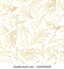 Hand drawn golden olive branch seamless pattern. Gold oliva wallpaper background. Vector isolated illustration.